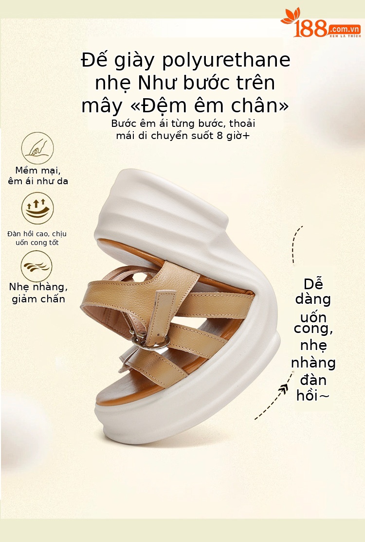 Sandal La Mã nữ da thật đế dày gót vuông quai ngang — Màu đen chi tiết 4