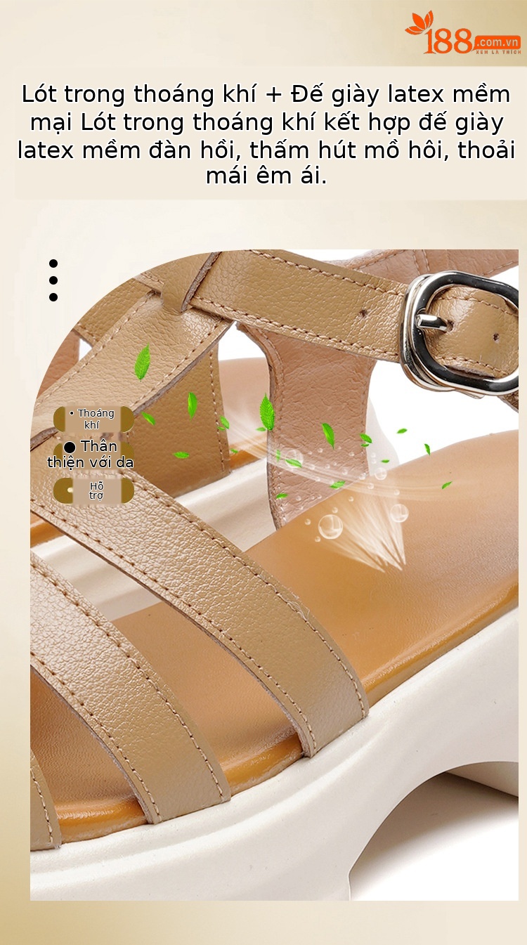 Sandal La Mã nữ da thật đế dày gót vuông quai ngang — Màu đen chi tiết 8