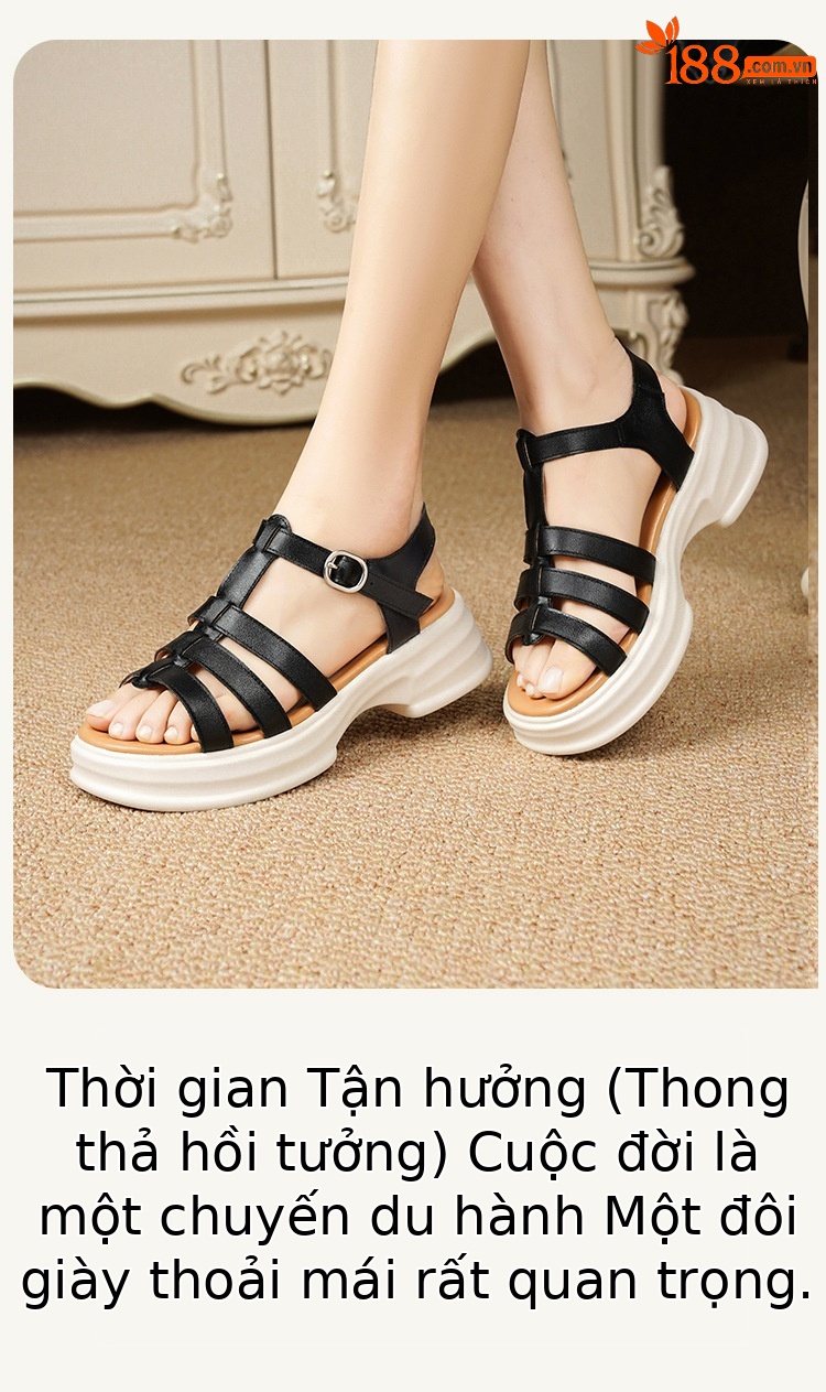 Sandal La Mã nữ da thật đế dày gót vuông quai ngang — Màu đen chi tiết 23