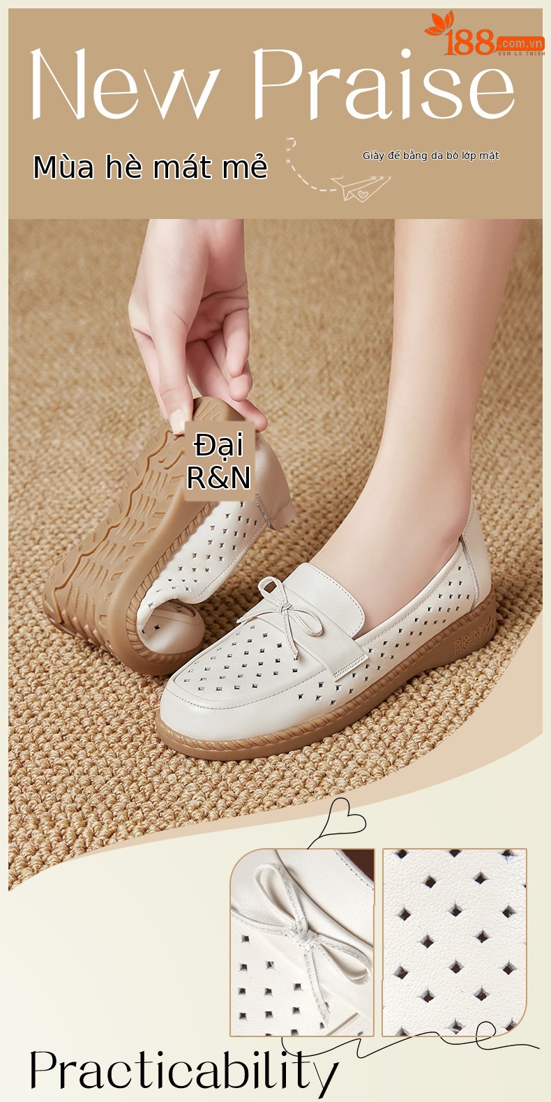 Sandal nữ đế bệt da bò thật thoáng khí mùa hè — Đỏ rượu chi tiết 1