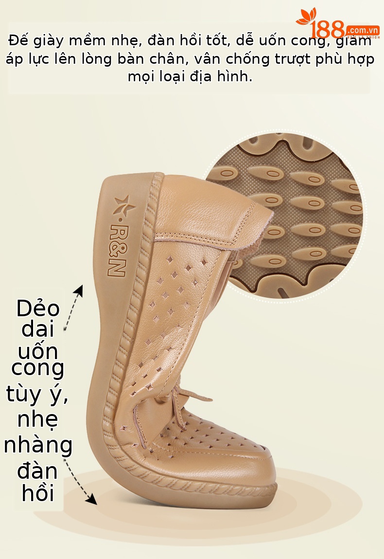 Sandal nữ đế bệt da bò thật thoáng khí mùa hè — Đỏ rượu chi tiết 3