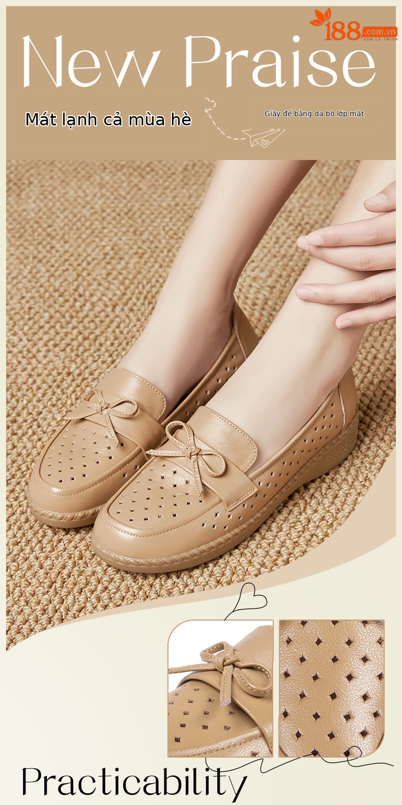 Sandal nữ đế bệt da bò thật thoáng khí mùa hè — Đỏ rượu chi tiết 5