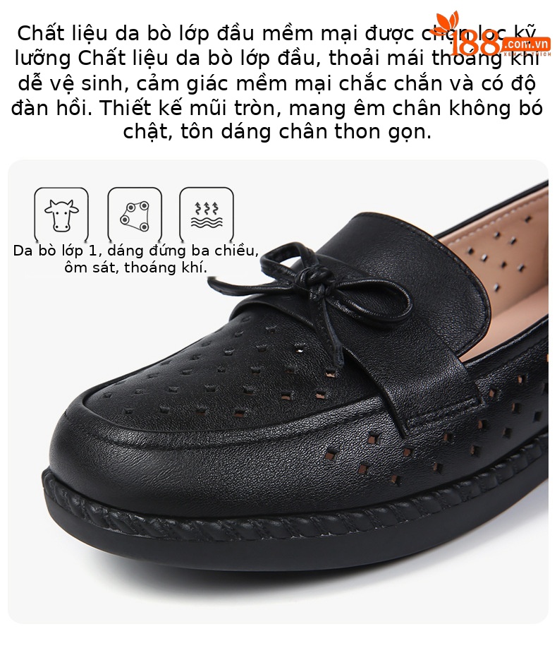 Sandal nữ đế bệt da bò thật thoáng khí mùa hè — Đỏ rượu chi tiết 9