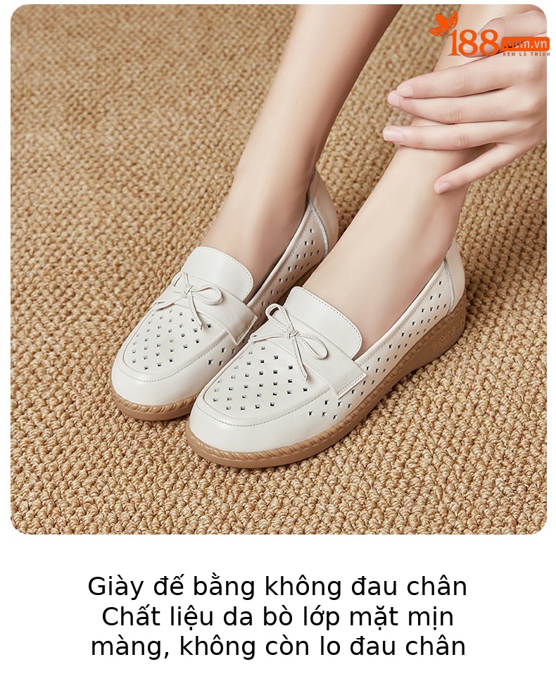 Sandal nữ đế bệt da bò thật thoáng khí mùa hè — Đỏ rượu chi tiết 15