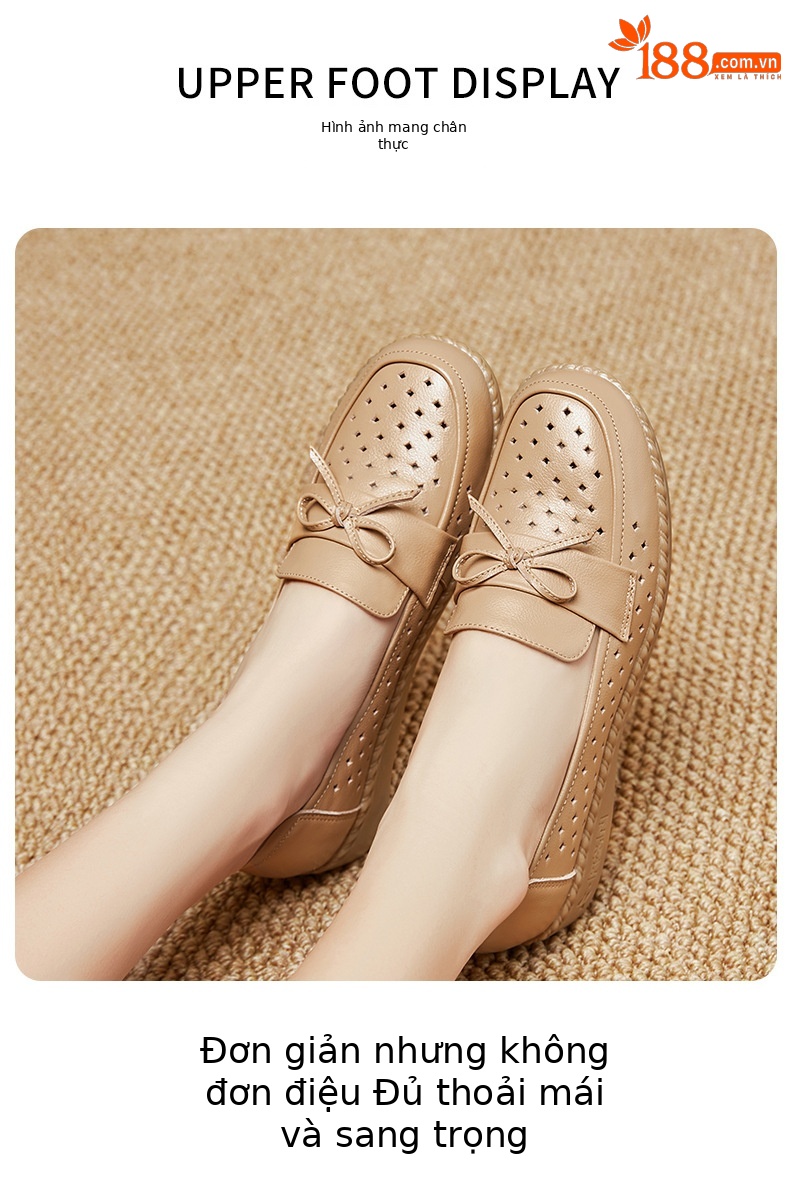 Sandal nữ đế bệt da bò thật thoáng khí mùa hè — Đỏ rượu chi tiết 16
