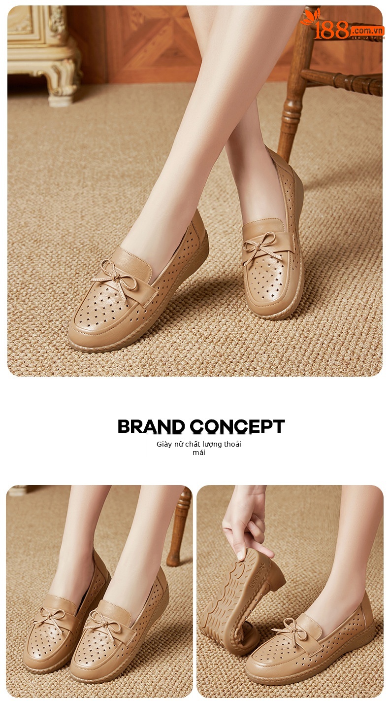 Sandal nữ đế bệt da bò thật thoáng khí mùa hè — Đỏ rượu chi tiết 17