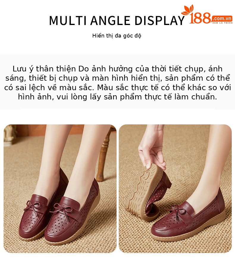Sandal nữ đế bệt da bò thật thoáng khí mùa hè — Đỏ rượu chi tiết 19
