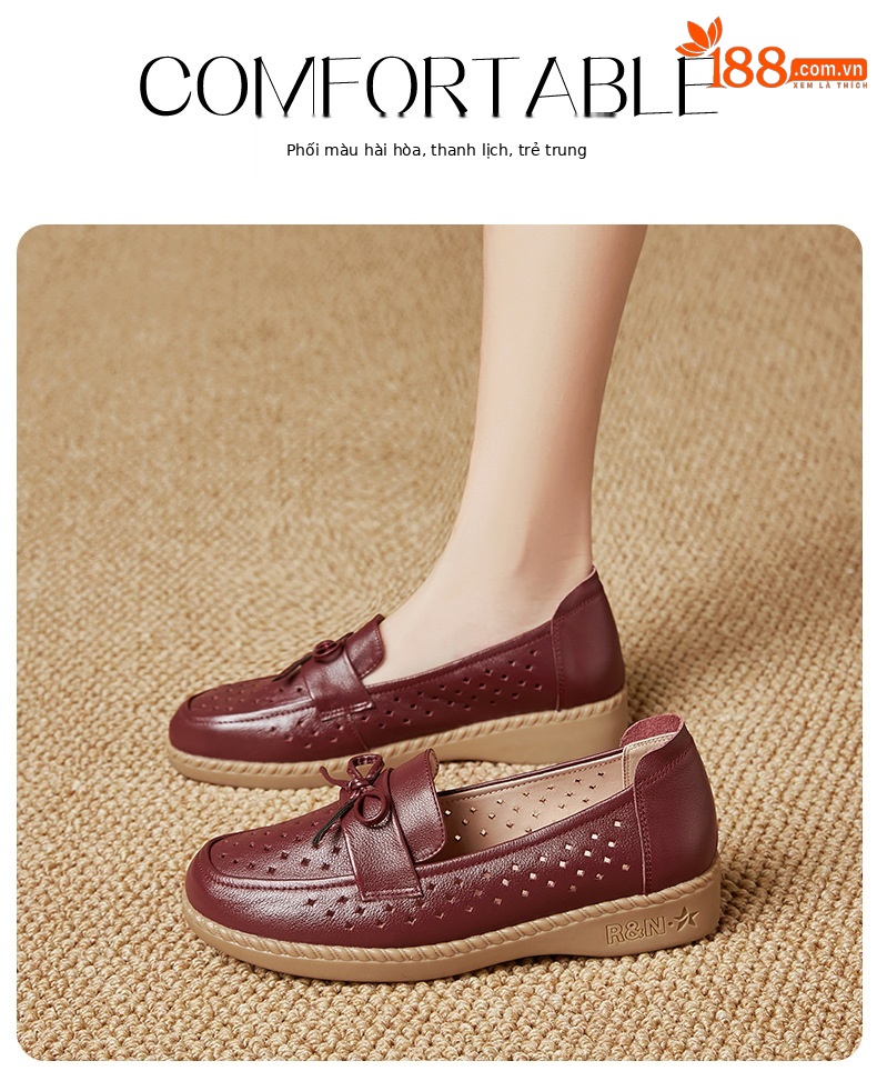 Sandal nữ đế bệt da bò thật thoáng khí mùa hè — Đỏ rượu chi tiết 20