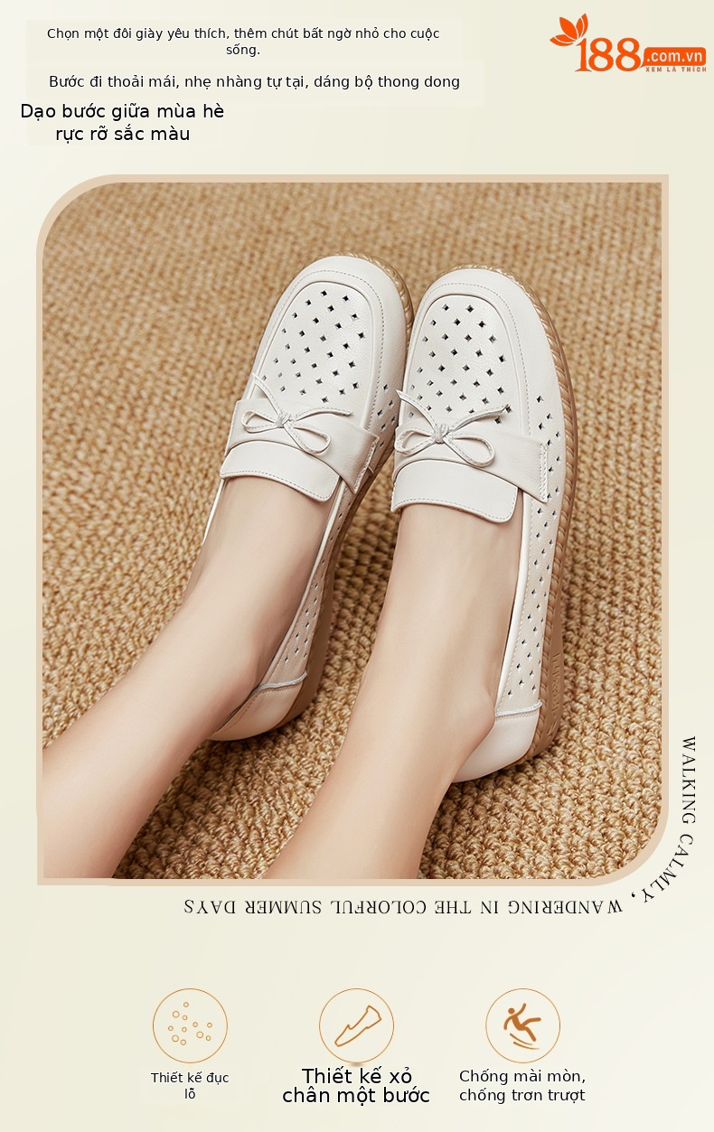 Sandal nữ đế bệt da bò thật thoáng khí mùa hè — Đỏ rượu chi tiết 2