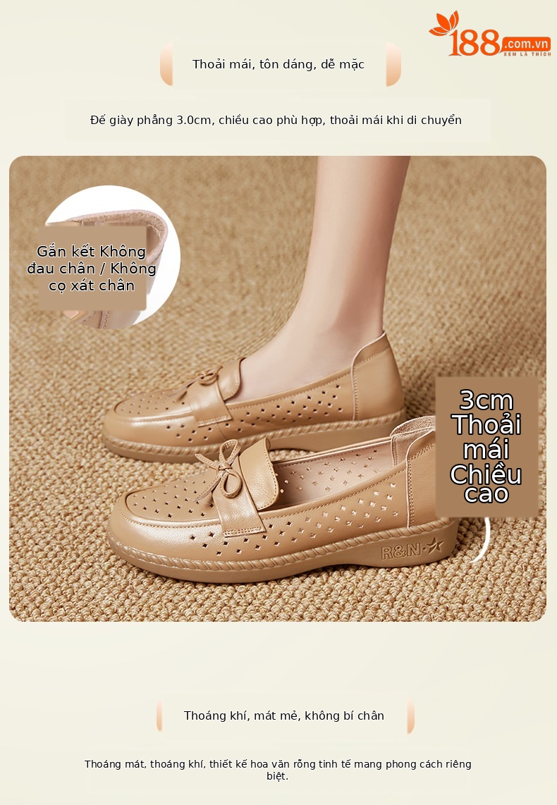 Sandal nữ đế bệt da bò thật thoáng khí mùa hè — Đỏ rượu chi tiết 4