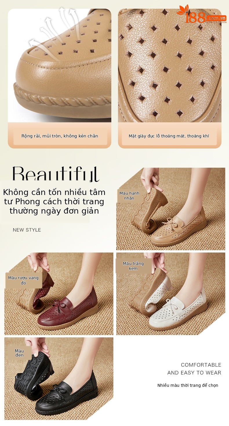 Sandal nữ đế bệt da bò thật thoáng khí mùa hè — Đỏ rượu chi tiết 6