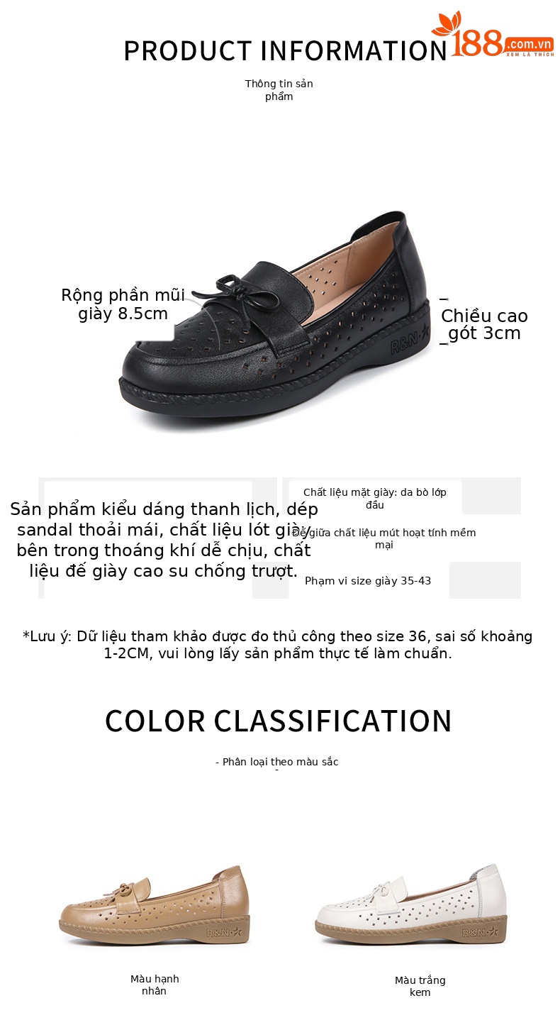 Sandal nữ đế bệt da bò thật thoáng khí mùa hè — Đỏ rượu chi tiết 7