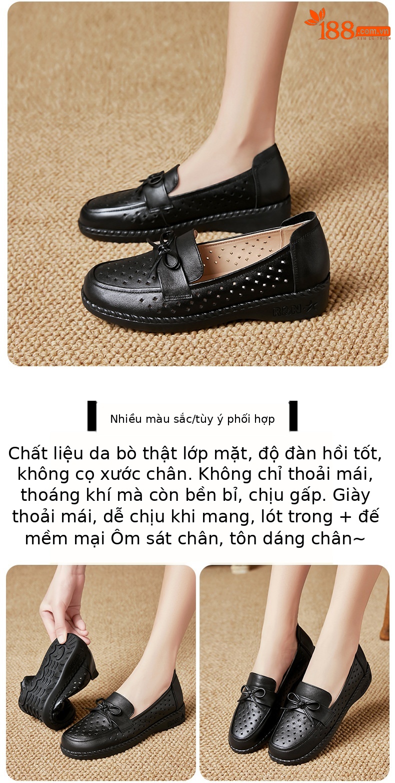 Sandal nữ đế bệt da bò thật thoáng khí mùa hè — Đỏ rượu chi tiết 22