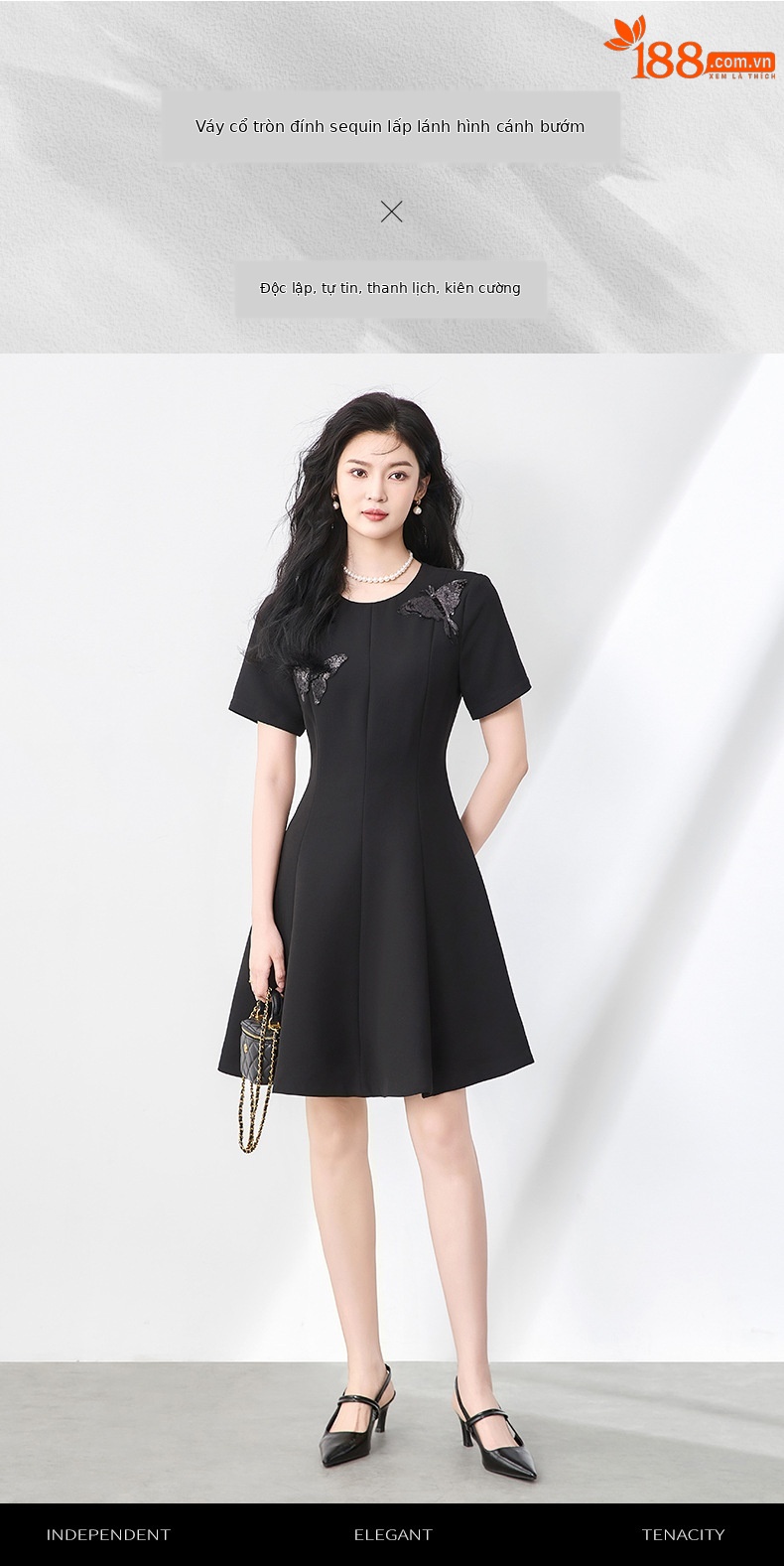 Váy liền tay ngắn cổ tròn đính sequin nặng, thắt eo, phong cách quý phái — Màu đen chi tiết 1