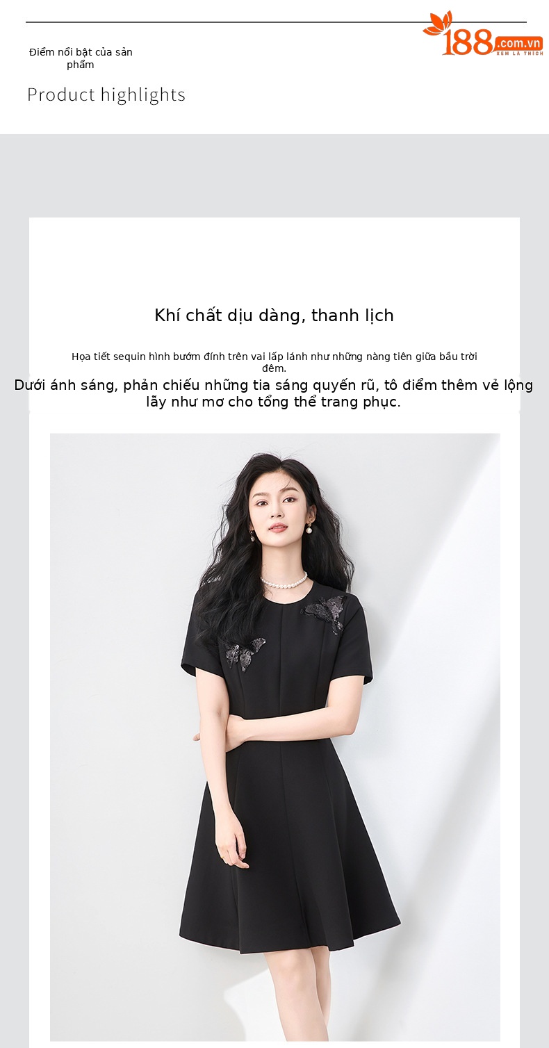 Váy liền tay ngắn cổ tròn đính sequin nặng, thắt eo, phong cách quý phái — Màu đen chi tiết 4