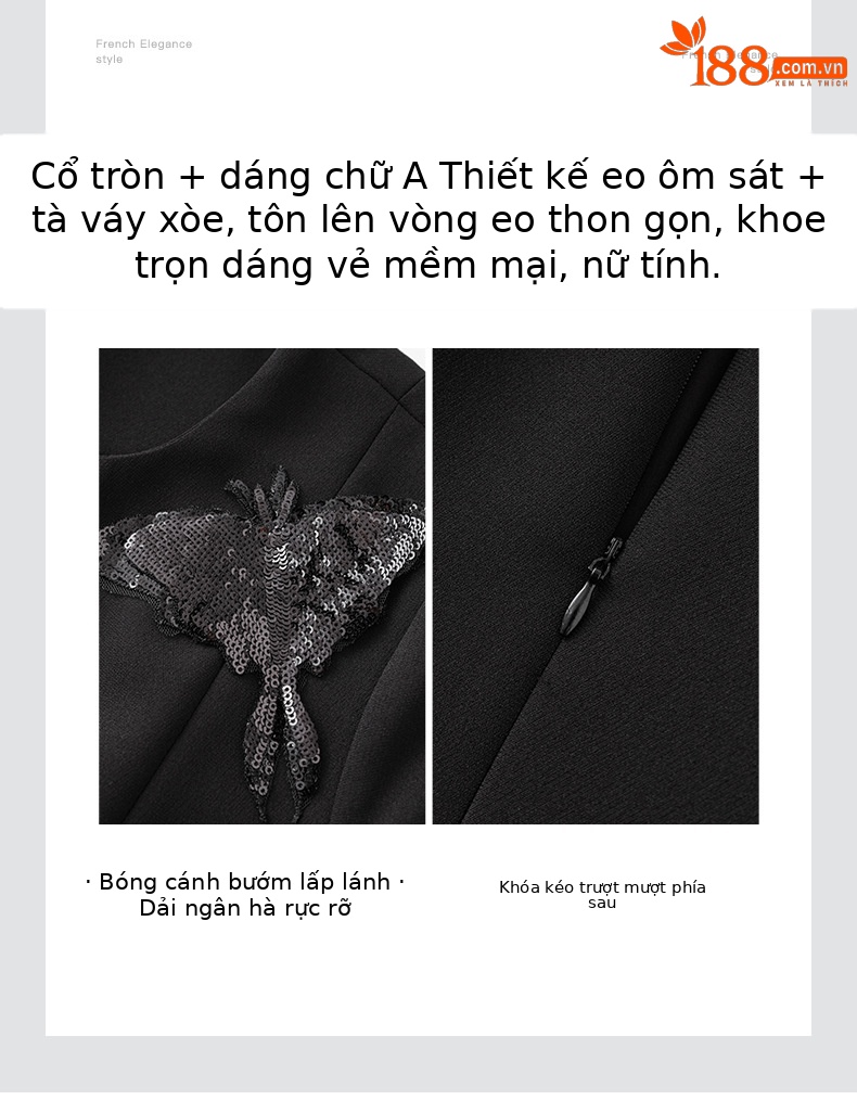Váy liền tay ngắn cổ tròn đính sequin nặng, thắt eo, phong cách quý phái — Màu đen chi tiết 5