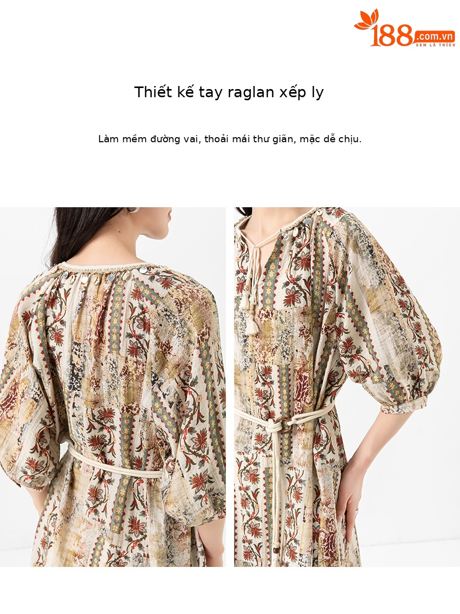 Váy maxi nữ phong cách Bohemian in hoa vải lanh dây thắt eo rộng rãi mùa hè — Màu cà phê