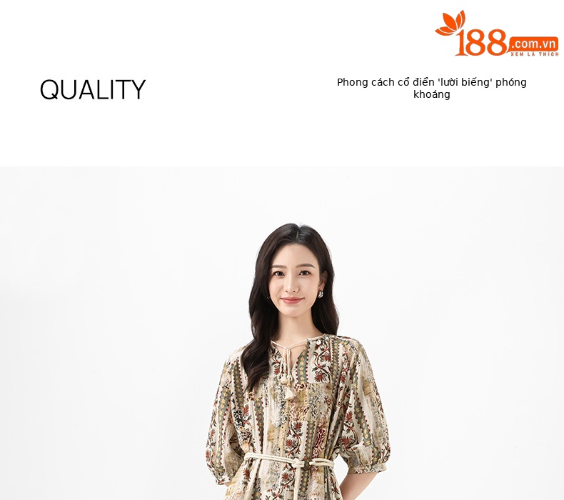 Váy maxi nữ phong cách Bohemian in hoa vải lanh dây thắt eo rộng rãi mùa hè — Màu cà phê chi tiết 1