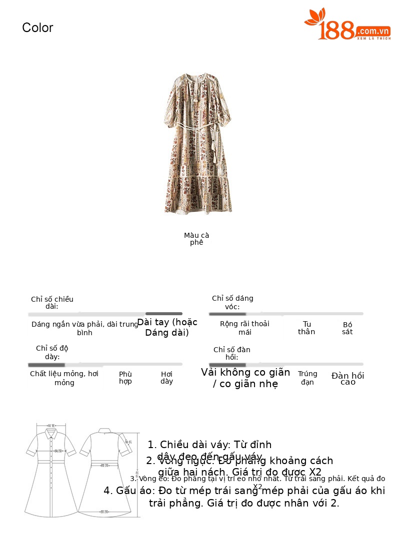 Váy maxi nữ phong cách Bohemian in hoa vải lanh dây thắt eo rộng rãi mùa hè — Màu cà phê chi tiết 5
