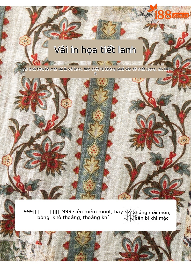 Váy maxi nữ phong cách Bohemian in hoa vải lanh dây thắt eo rộng rãi mùa hè — Màu cà phê chi tiết 6