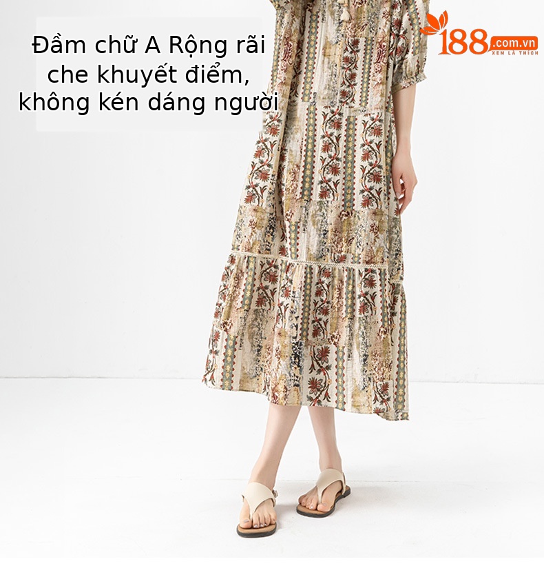 Váy maxi nữ phong cách Bohemian in hoa vải lanh dây thắt eo rộng rãi mùa hè — Màu cà phê chi tiết 9