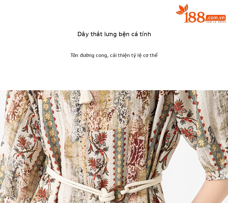 Váy maxi nữ phong cách Bohemian in hoa vải lanh dây thắt eo rộng rãi mùa hè — Màu cà phê chi tiết 10