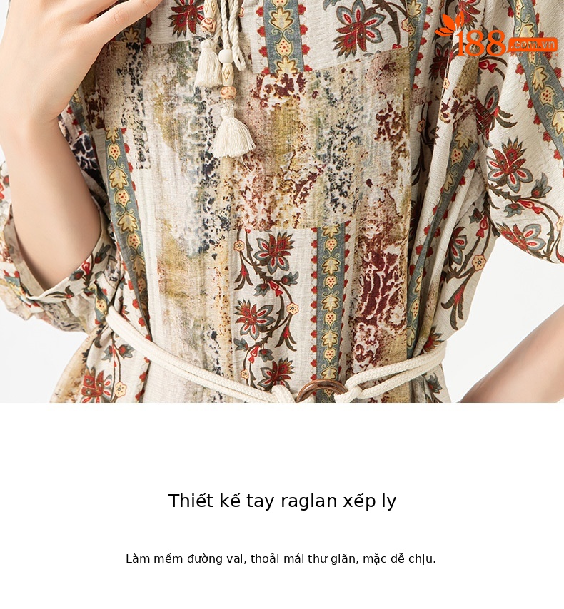Váy maxi nữ phong cách Bohemian in hoa vải lanh dây thắt eo rộng rãi mùa hè — Màu cà phê chi tiết 13