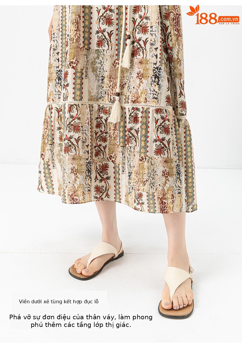 Váy maxi nữ phong cách Bohemian in hoa vải lanh dây thắt eo rộng rãi mùa hè — Màu cà phê chi tiết 15