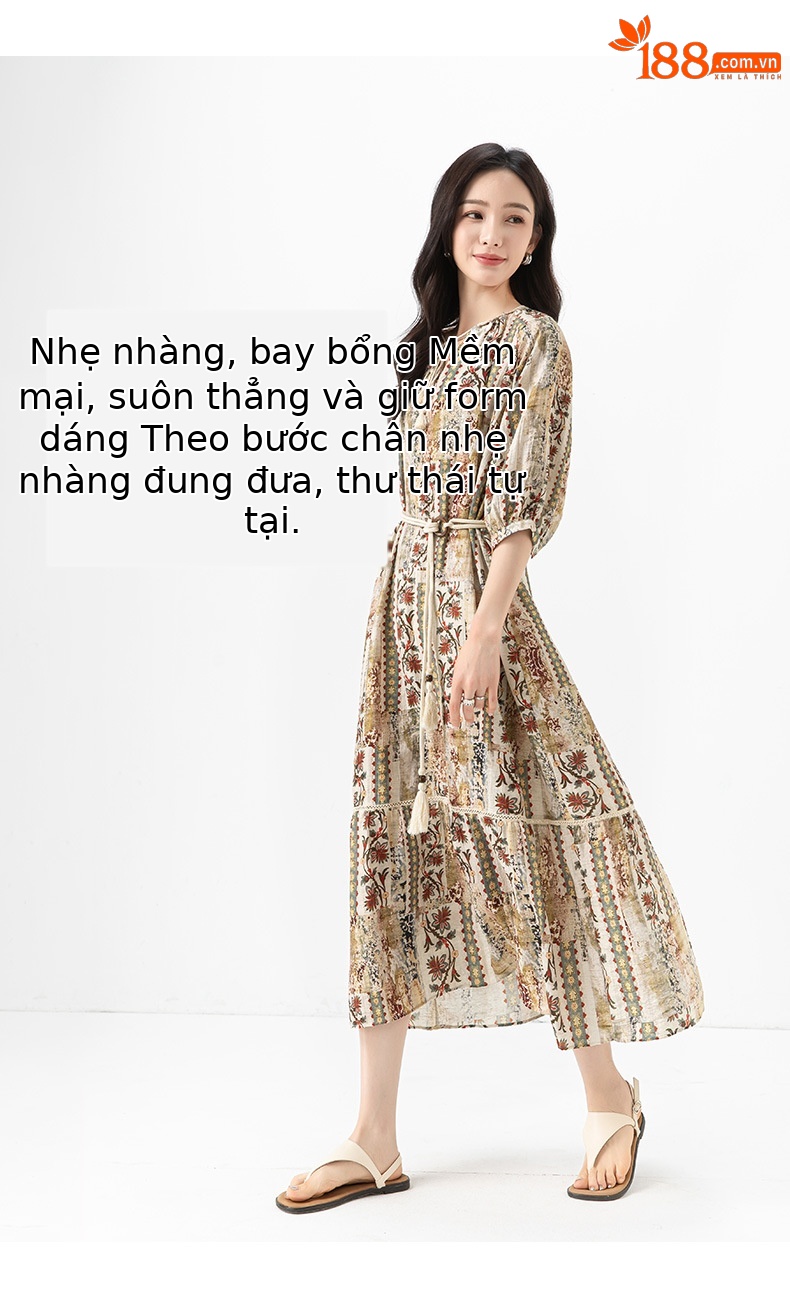 Váy maxi nữ phong cách Bohemian in hoa vải lanh dây thắt eo rộng rãi mùa hè — Màu cà phê chi tiết 16