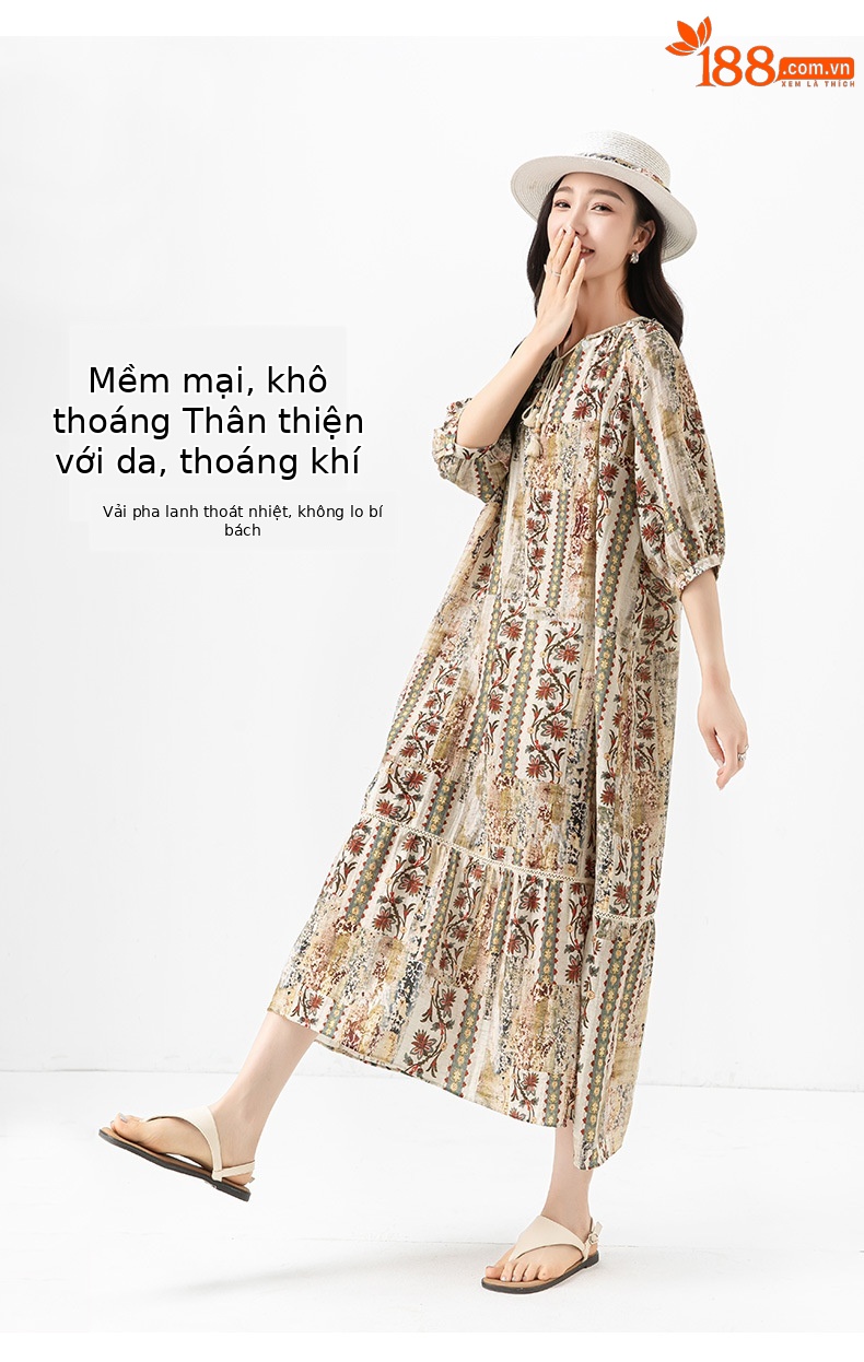 Váy maxi nữ phong cách Bohemian in hoa vải lanh dây thắt eo rộng rãi mùa hè — Màu cà phê chi tiết 17