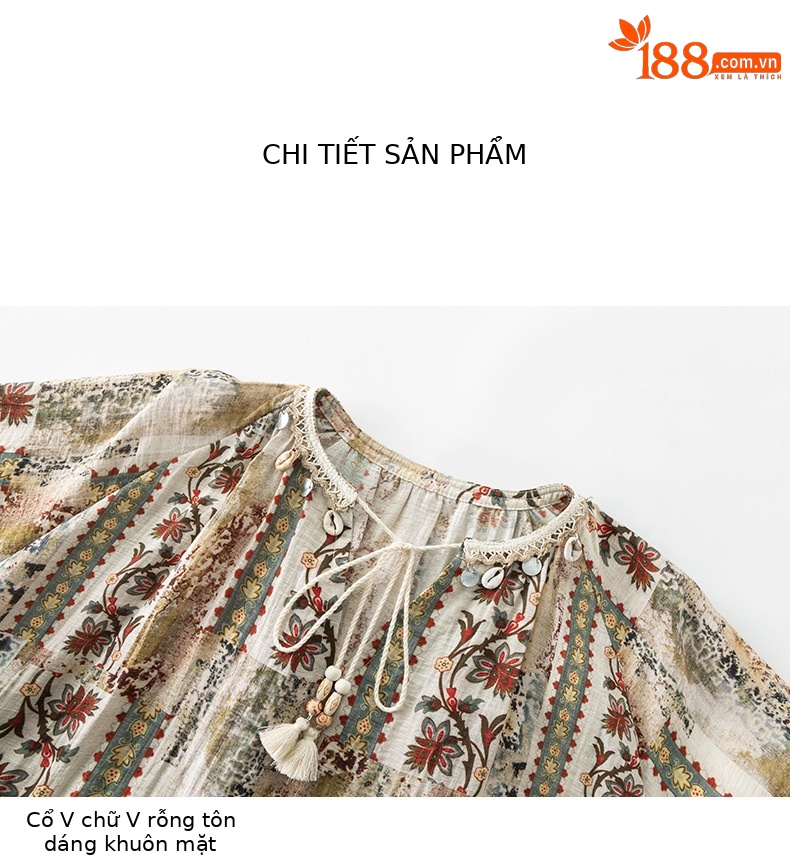 Váy maxi nữ phong cách Bohemian in hoa vải lanh dây thắt eo rộng rãi mùa hè — Màu cà phê chi tiết 18