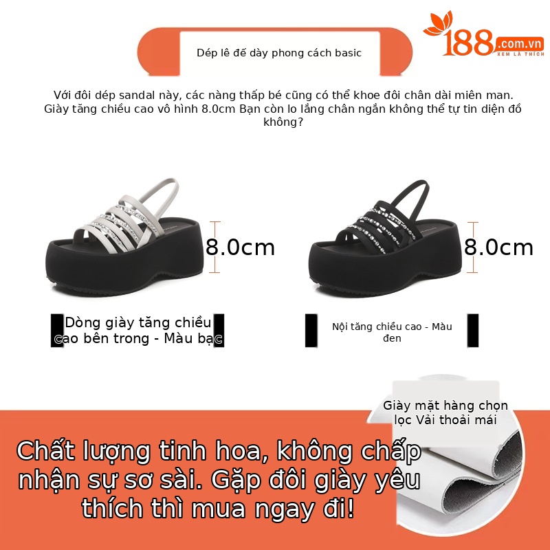 Sandal cao gót nữ hở mũi đính đá pha lê đế bánh xốp độn dày mùa hè 2025 — Màu đen, Màu bạc