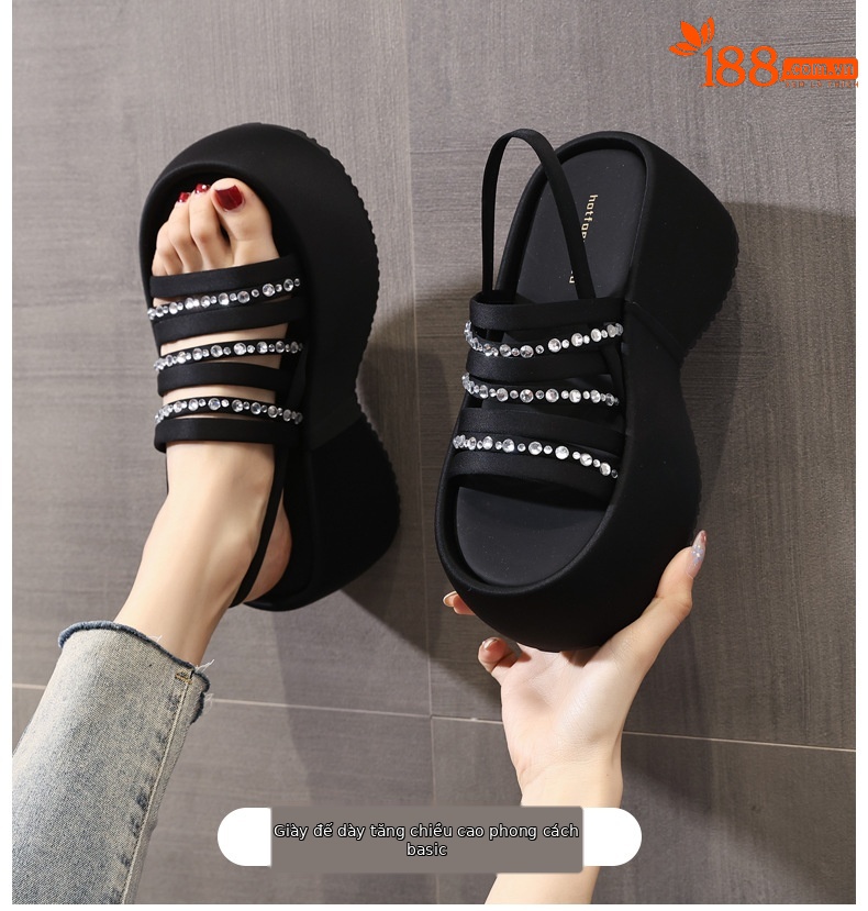 Sandal cao gót nữ hở mũi đính đá pha lê đế bánh xốp độn dày mùa hè 2025 — Màu đen, Màu bạc chi tiết 1