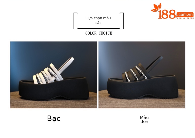 Sandal cao gót nữ hở mũi đính đá pha lê đế bánh xốp độn dày mùa hè 2025 — Màu đen, Màu bạc chi tiết 2