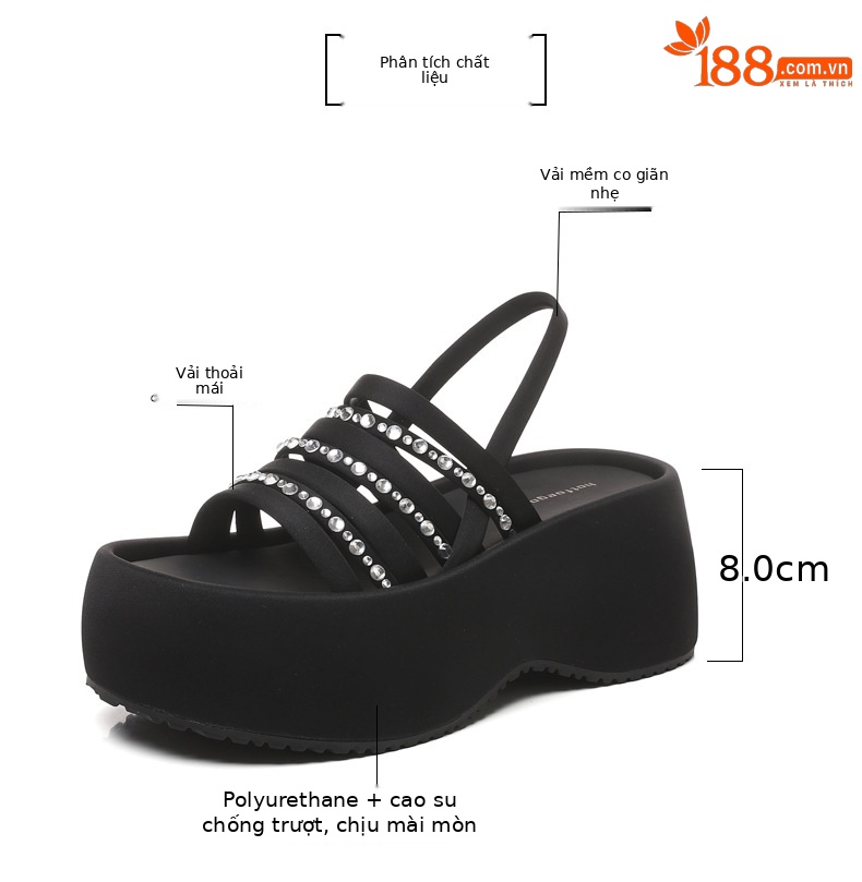 Sandal cao gót nữ hở mũi đính đá pha lê đế bánh xốp độn dày mùa hè 2025 — Màu đen, Màu bạc chi tiết 3