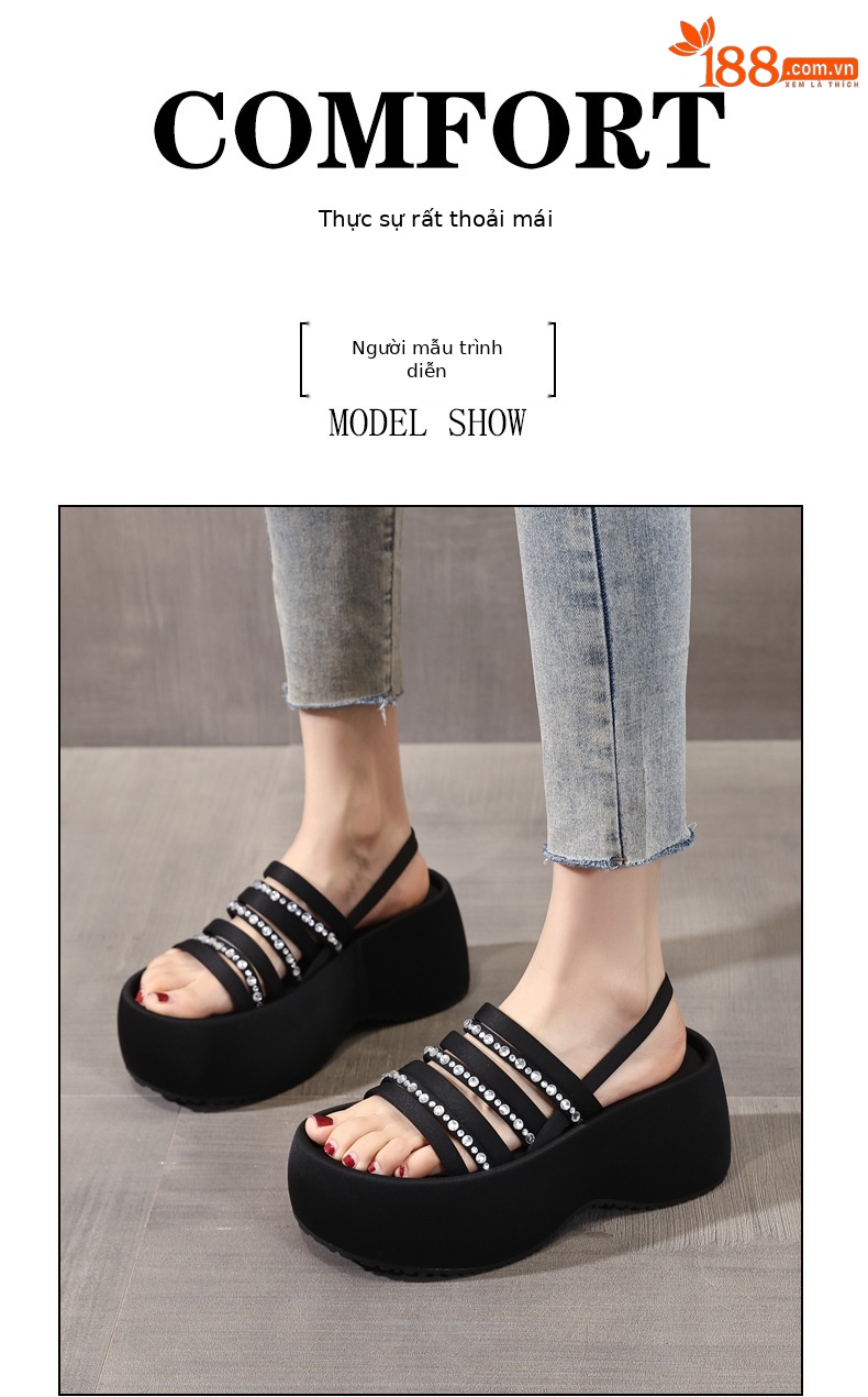 Sandal cao gót nữ hở mũi đính đá pha lê đế bánh xốp độn dày mùa hè 2025 — Màu đen, Màu bạc chi tiết 11