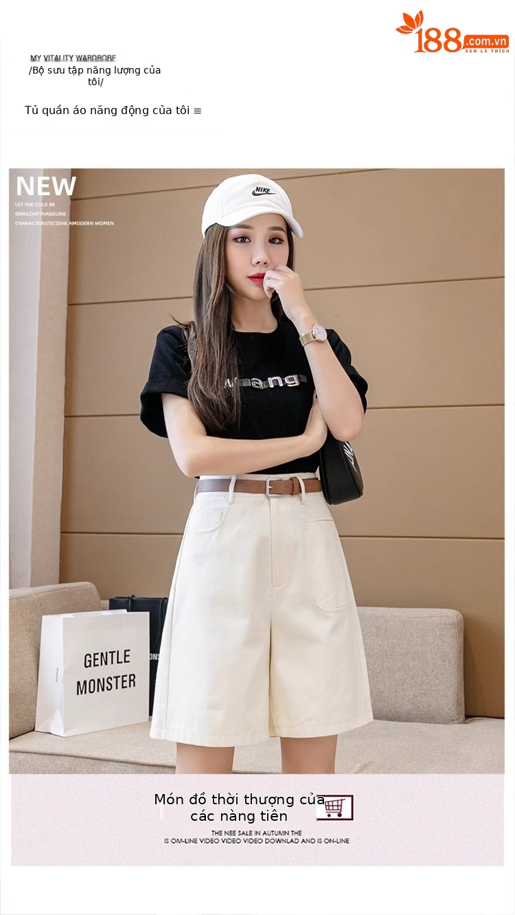 Quần short nữ cạp cao ống rộng dáng suông mùa hè kiểu Hồng Kông — Màu đen chi tiết 1