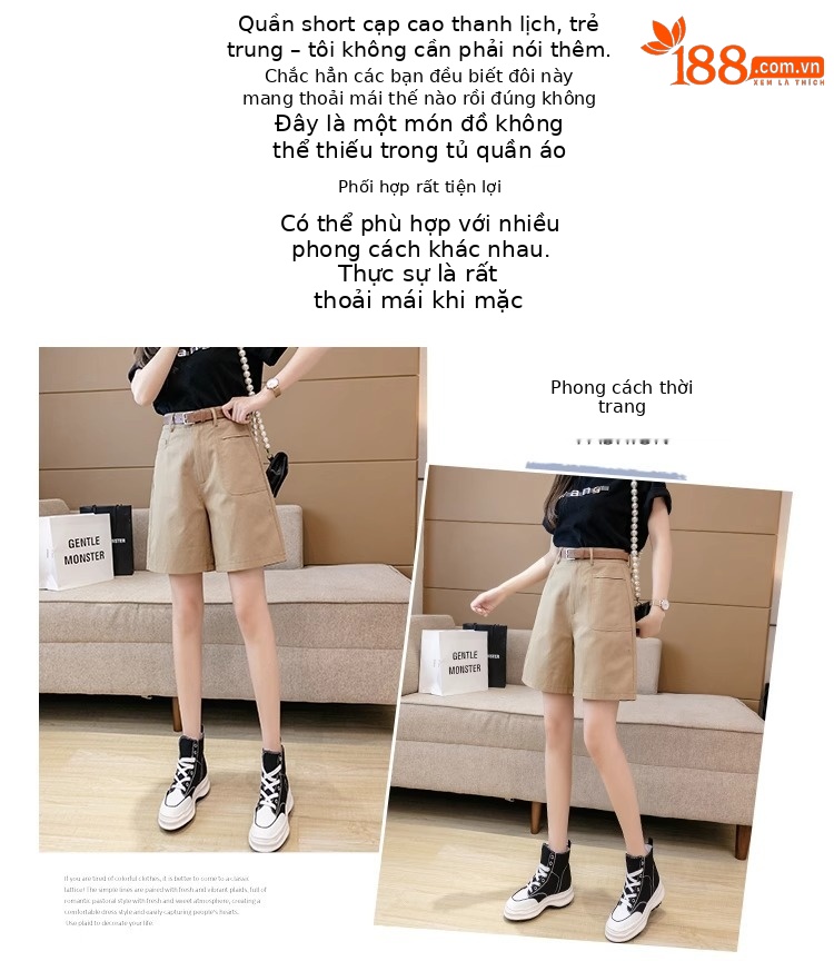 Quần short nữ cạp cao ống rộng dáng suông mùa hè kiểu Hồng Kông — Màu đen chi tiết 2