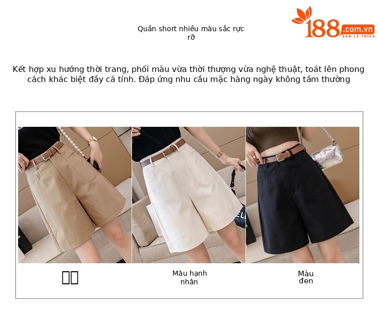 Quần short nữ cạp cao ống rộng dáng suông mùa hè kiểu Hồng Kông — Màu đen chi tiết 5