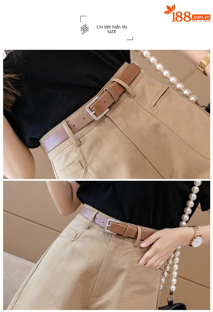 Quần short nữ cạp cao ống rộng dáng suông mùa hè kiểu Hồng Kông — Màu đen chi tiết 29