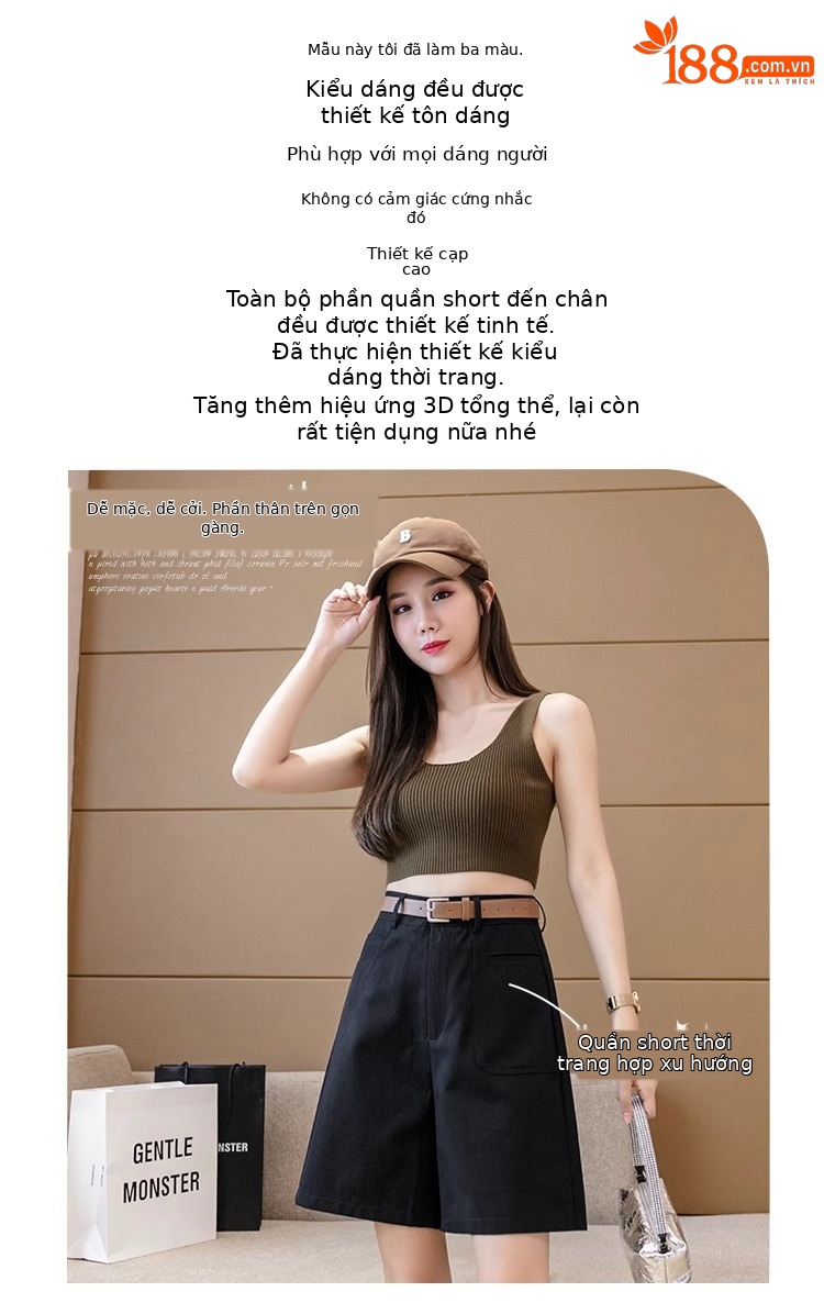 Quần short nữ cạp cao ống rộng dáng suông mùa hè kiểu Hồng Kông — Màu đen chi tiết 3