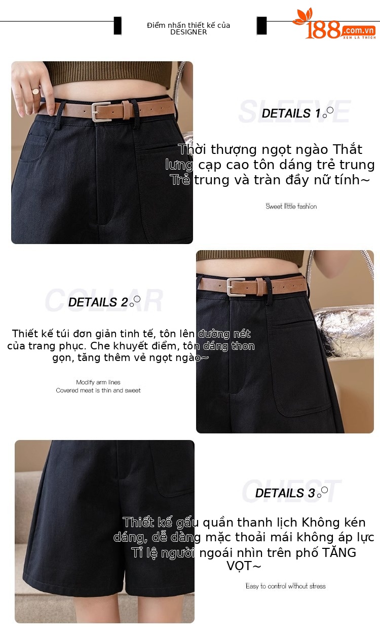 Quần short nữ cạp cao ống rộng dáng suông mùa hè kiểu Hồng Kông — Màu đen chi tiết 6