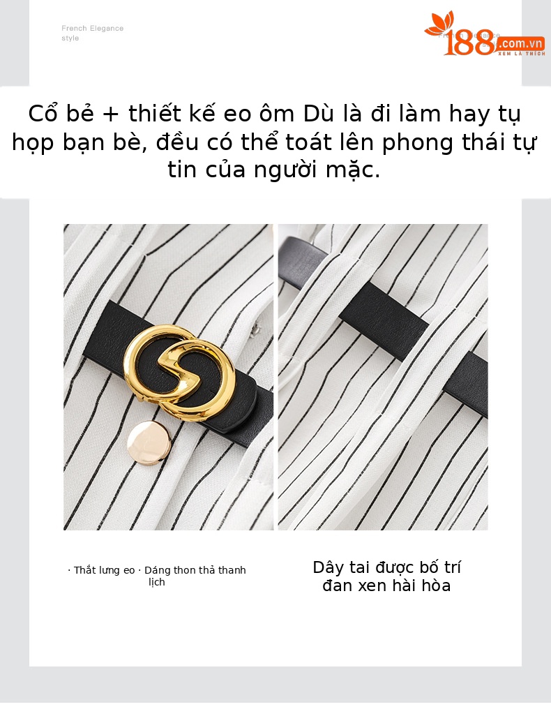 Váy sơ mi sọc kẻ đen trắng dáng suông eo thắt dây tay ngắn mùa hè — Kẻ sọc đen trắng chi tiết 5