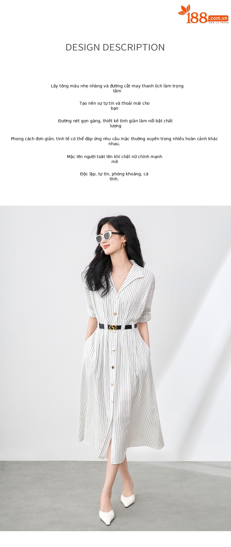 Váy sơ mi sọc kẻ đen trắng dáng suông eo thắt dây tay ngắn mùa hè — Kẻ sọc đen trắng chi tiết 2