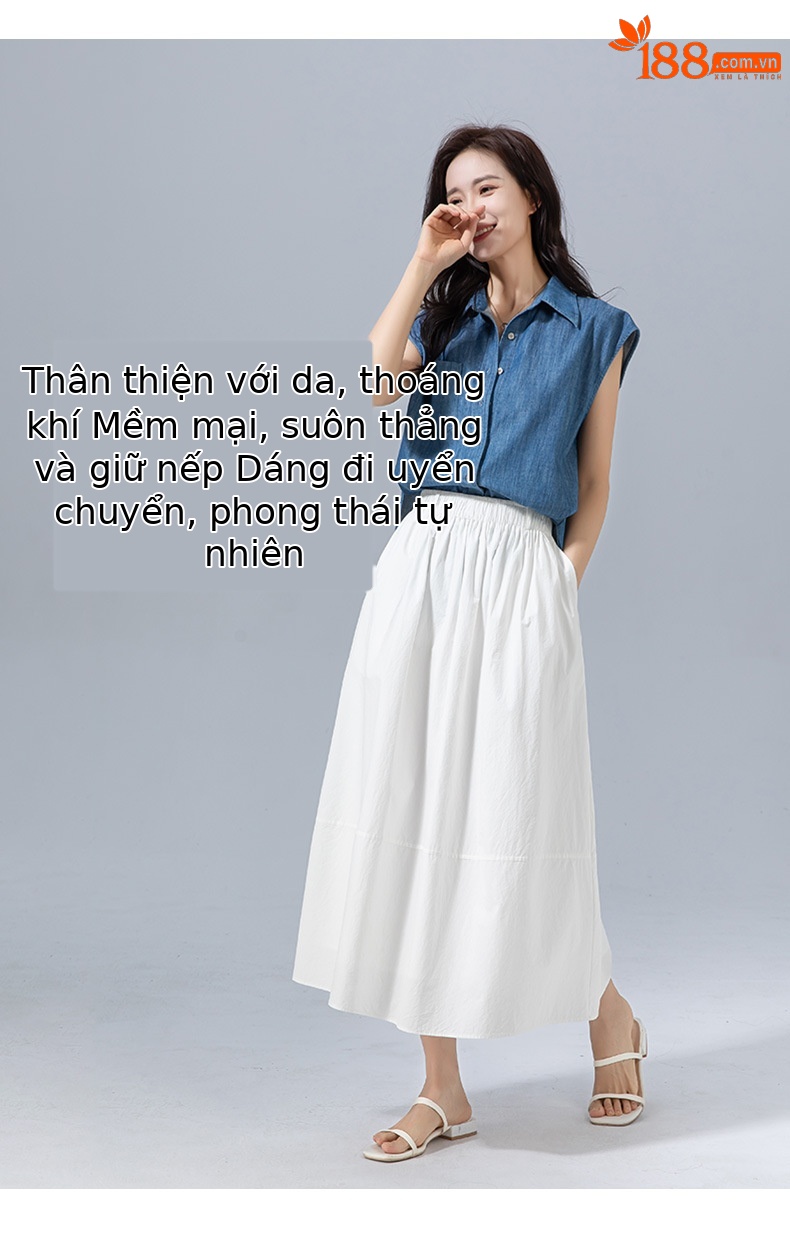 Chân váy chữ A trắng cạp chun dáng dài thiết kế đường khâu Xinge — Màu trắng chi tiết 9