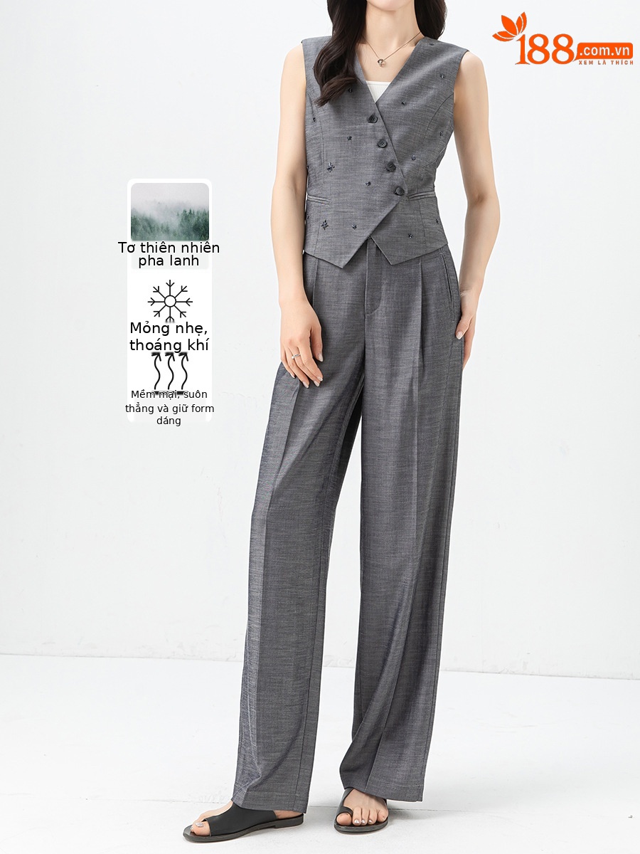 Bộ vest nữ phong cách tiền cũ Xinge áo vest gile quần ống rộng vải lanh Tencel mỏng mùa hè — Vest xám (65473)