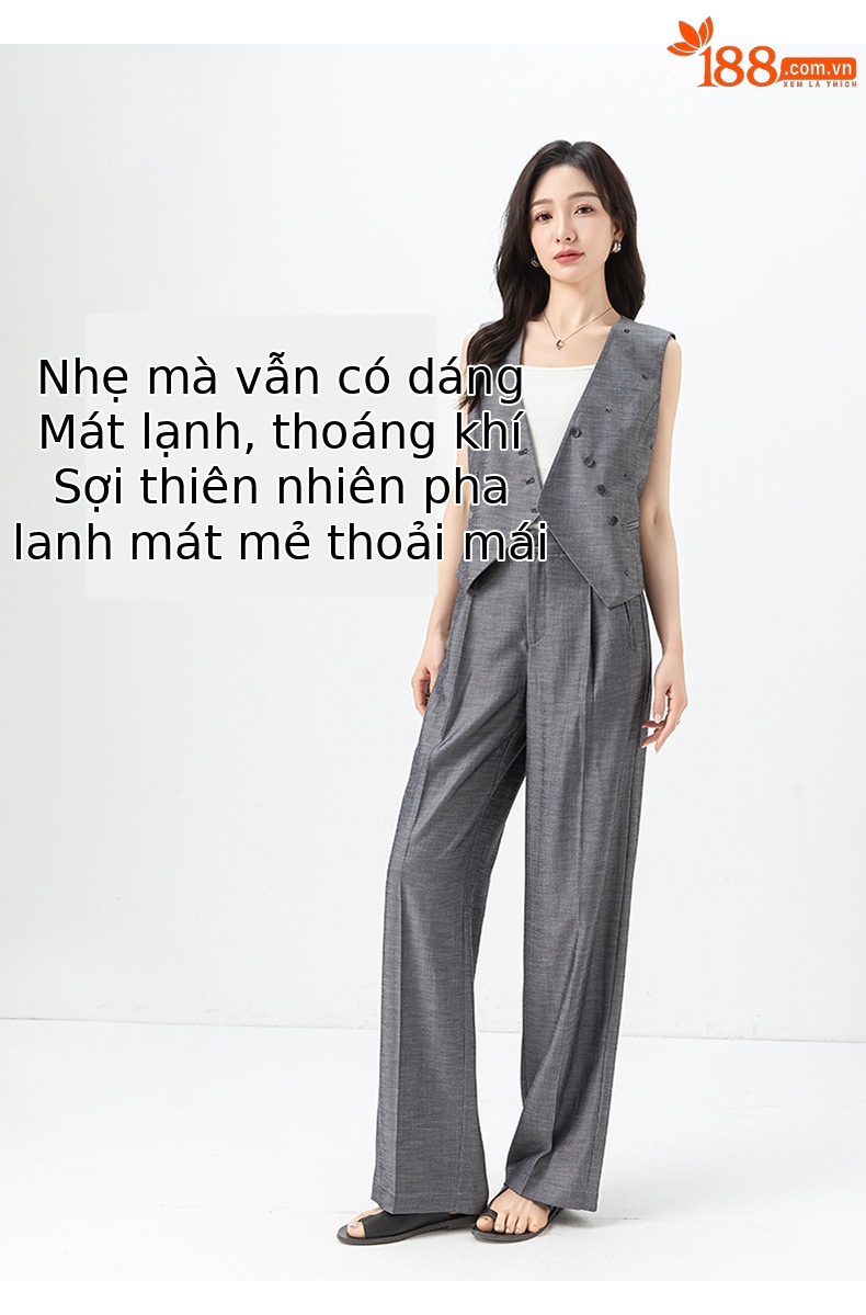 Bộ vest nữ phong cách tiền cũ Xinge áo vest gile quần ống rộng vải lanh Tencel mỏng mùa hè — Vest xám (65473) chi tiết 14
