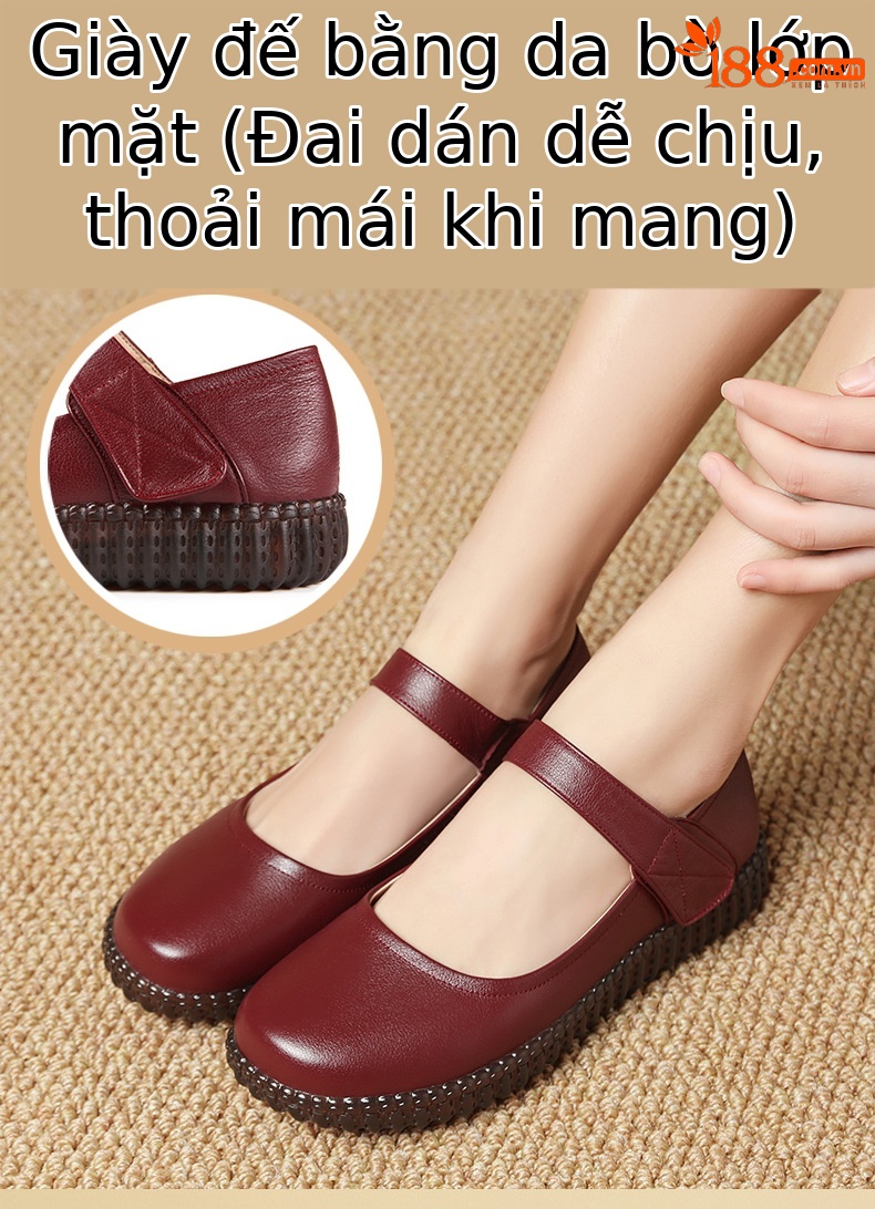 Giày da đế bằng nữ đế mềm da thật – giày công sở y tế — rượu vang đỏ chi tiết 1