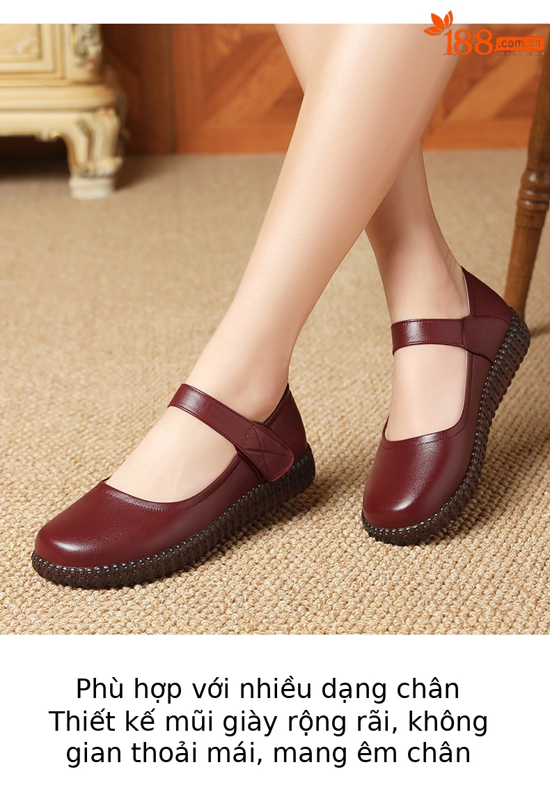 Giày da đế bằng nữ đế mềm da thật – giày công sở y tế — rượu vang đỏ chi tiết 12