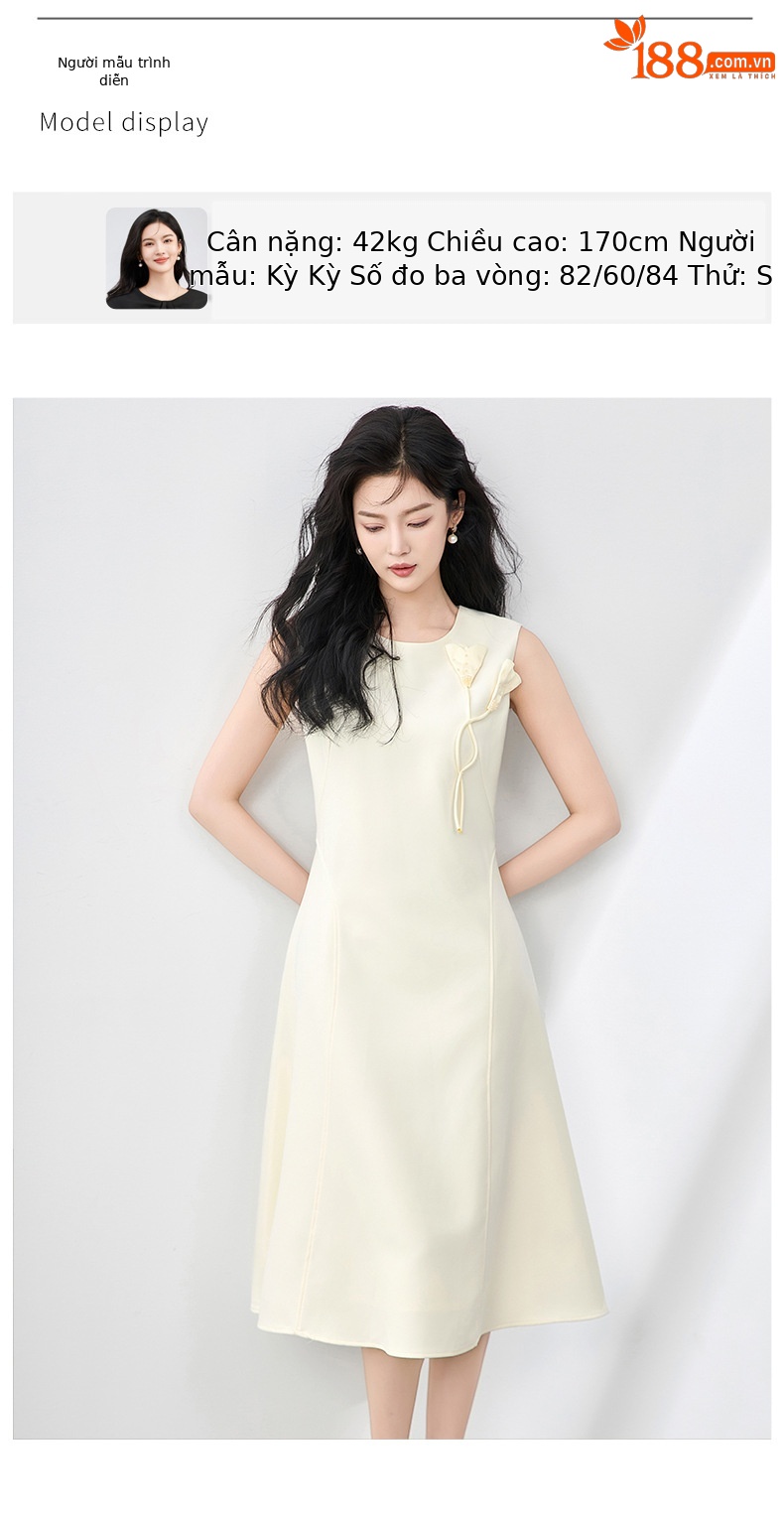 Váy vest không tay chiết eo hoa đính cườm nổi 3D phong cách trưởng thành nhẹ nhàng — Màu đen chi tiết 6